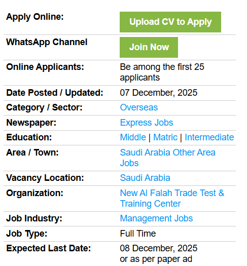 Cargo Agent Jobs in Saudi Arabia 2025 at New Al Falah Trade Test and Training Center: apply online for details.